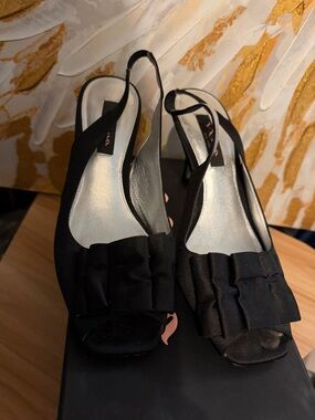 Nina Black Peep-Toe Slingback Heels with Layered Bow